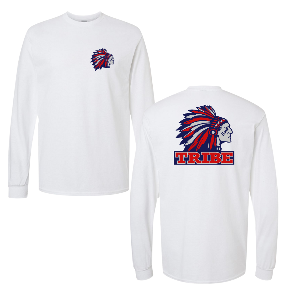White Gildan Heavy Cotton Long Sleeve Front Chest & Full Back logo (TRIBE)