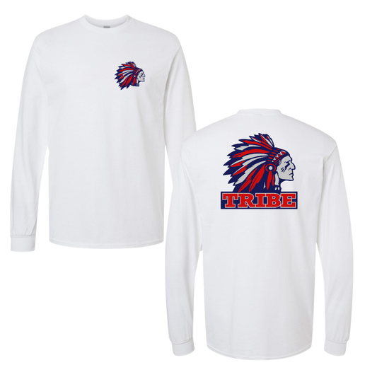 White Gildan Heavy Cotton Long Sleeve Front Chest & Full Back logo (TRIBE)