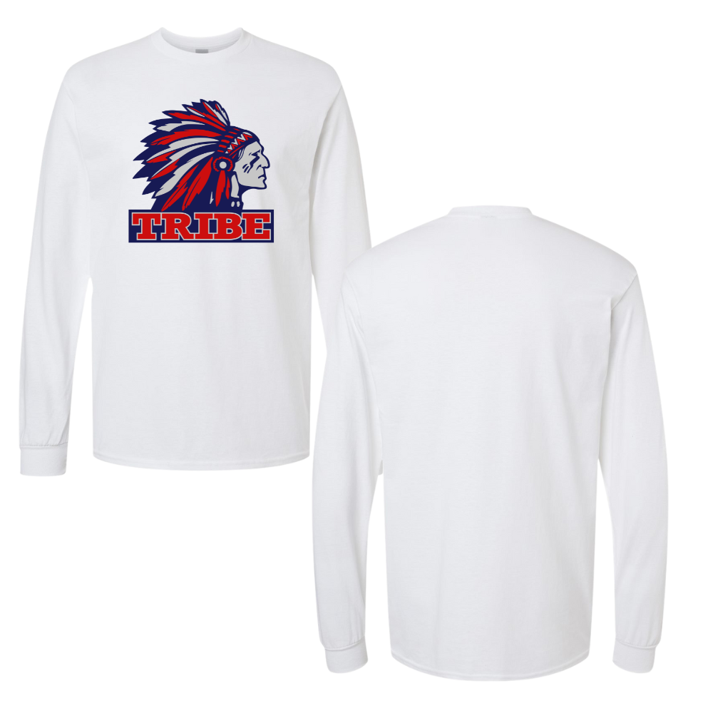 White Gildan Heavy Cotton Long Sleeve Front Full Chest Logo Only (TRIBE)