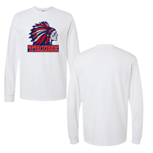 White Gildan Heavy Cotton Long Sleeve Front Full Chest Logo Only (TRIBE)