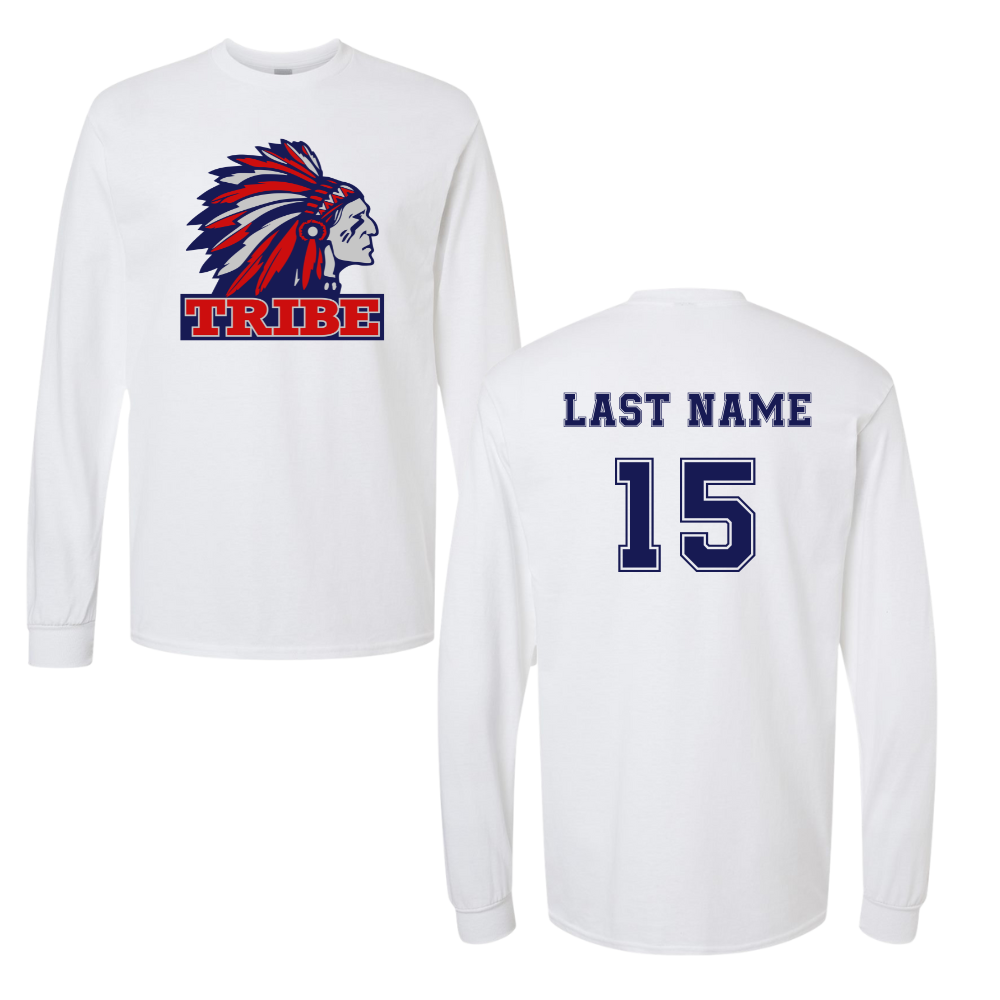 White *Personalizable* Gildan Heavy Cotton Long Sleeve Full Front Logo & Back Name & Number (TRIBE)