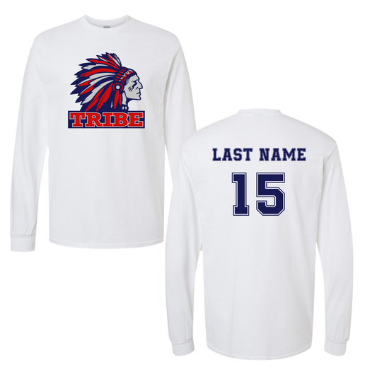 White *Personalizable* Gildan Heavy Cotton Long Sleeve Full Front Logo & Back Name & Number (TRIBE)