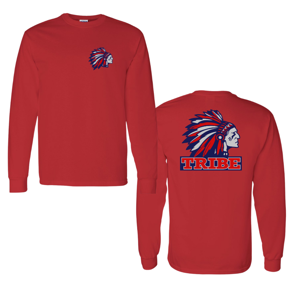 Red Gildan Heavy Cotton Long Sleeve Front Chest & Full Back logo (TRIBE)