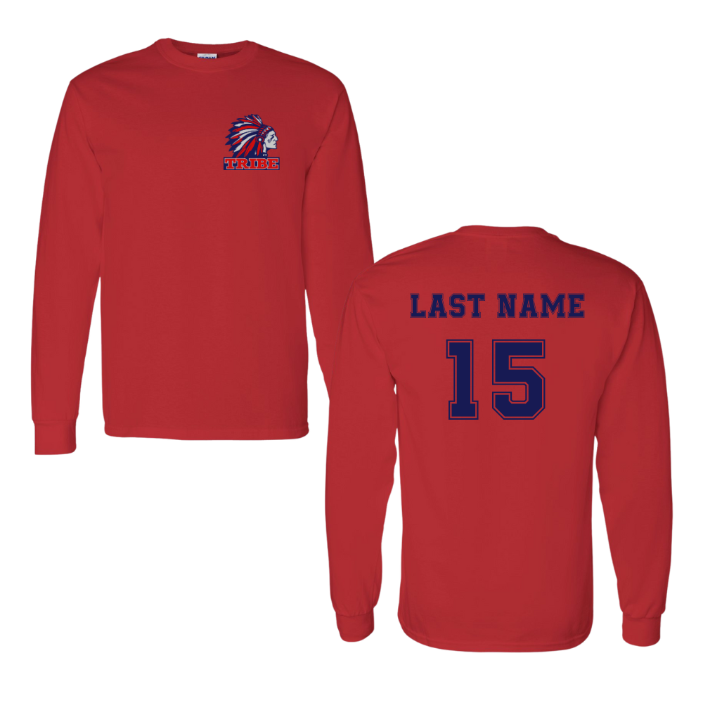 Red *Personalizable* Gildan Heavy Cotton Long Sleeve Full Front Logo & Back Name & Number (TRIBE)