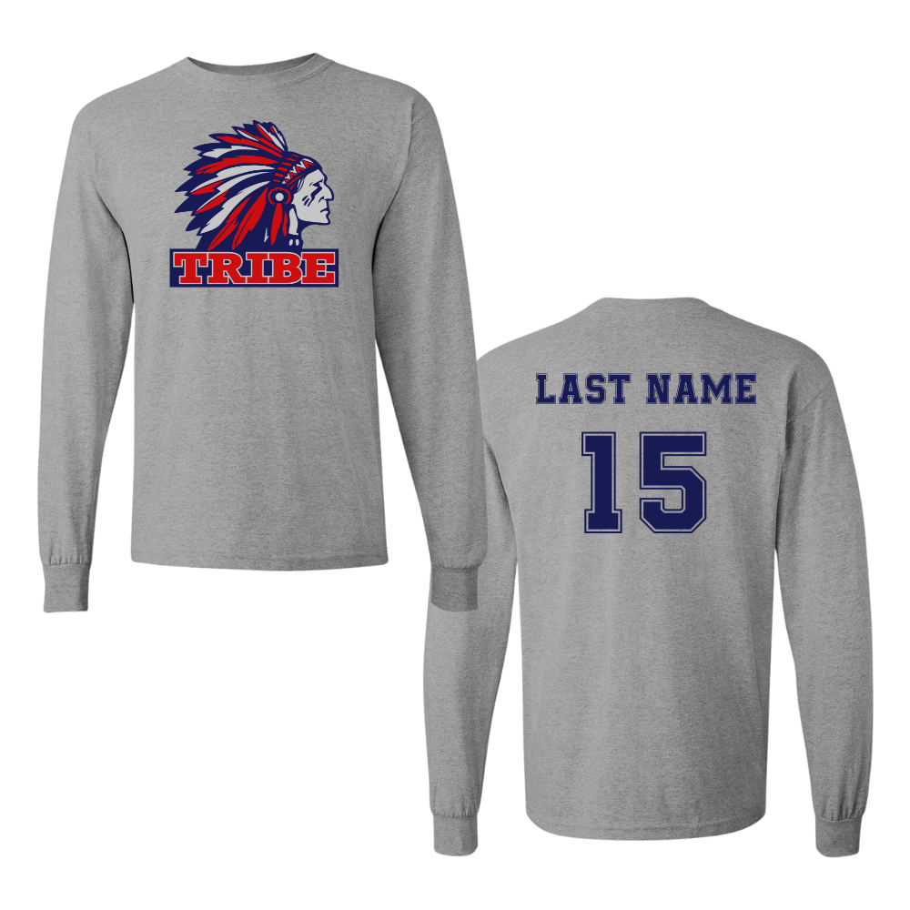 Sport Gray *Personalizable* Gildan Heavy Cotton Long Sleeve Full Front Logo & Back Name & Number (TRIBE)
