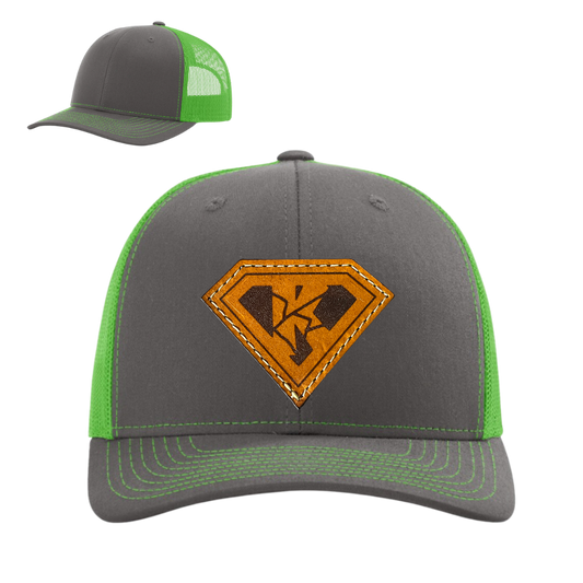 Kryptonite Richardson 112 Charcoal/Neon Green Adult Trucker with Genuine Baseball Glove Leather Patch