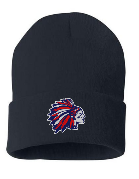 Navy OSFM Cuffed Beanie with Full color Logo printed on leather patch (Tribe)