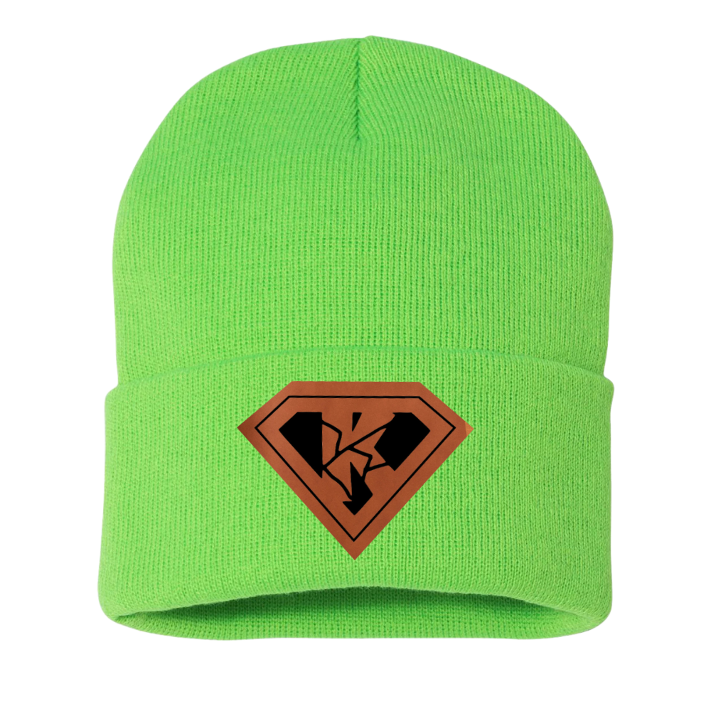 Kryptonite Neon Green 12" Cuffed Beanie with leatherette patch