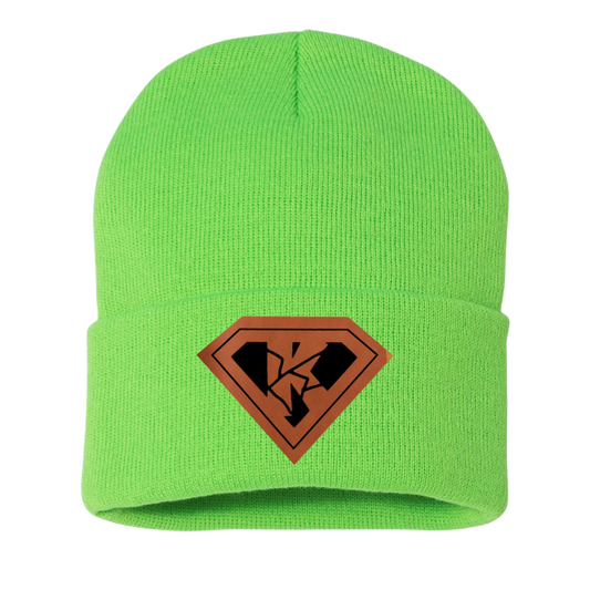 Kryptonite Neon Green 12" Cuffed Beanie with leatherette patch