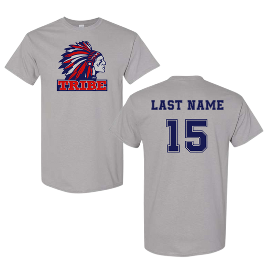 Gray *Personalizable* Gildan Heavy Cotton Tee Full Front Logo & Back Name & Number (TRIBE)