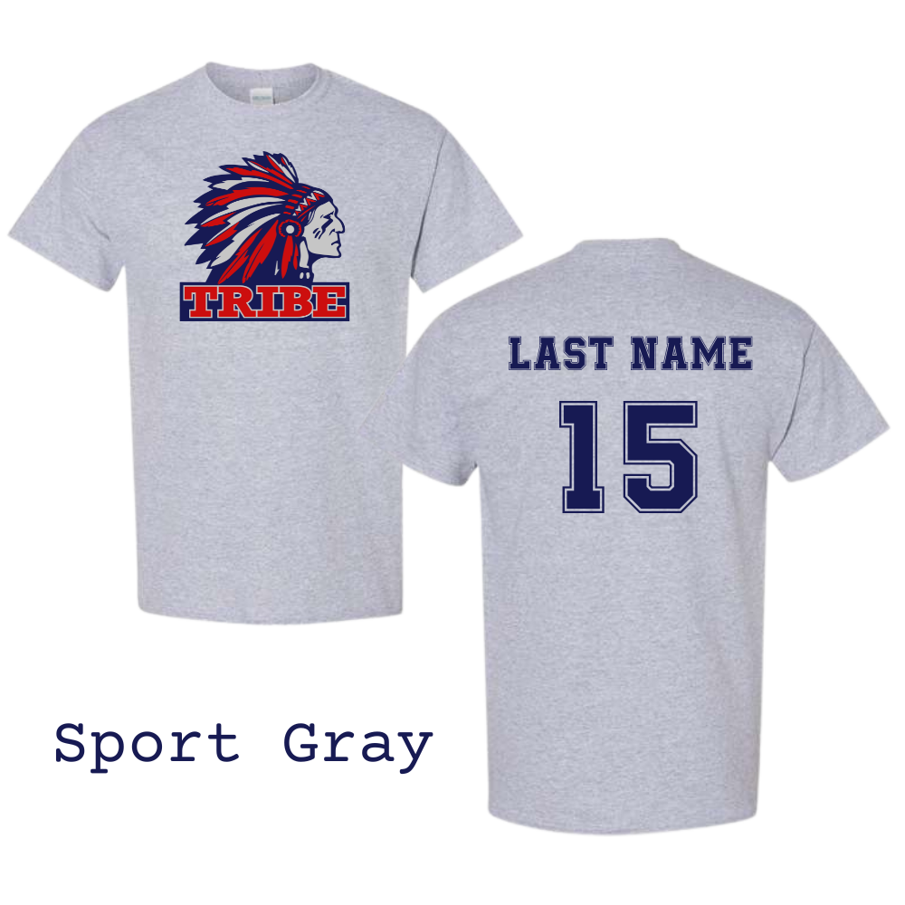 Gray *Personalizable* Gildan Heavy Cotton Tee Full Front Logo & Back Name & Number (TRIBE)