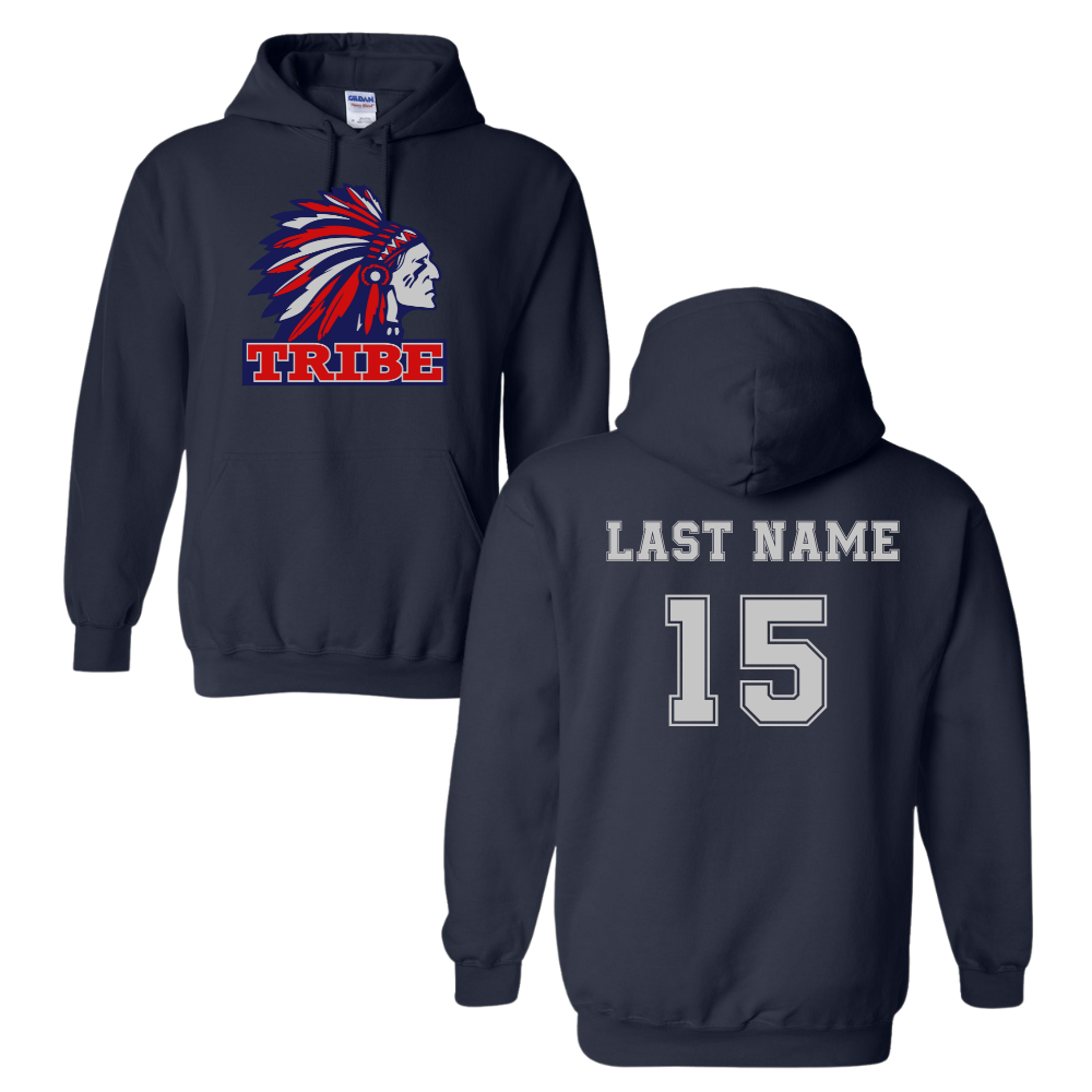Navy *Personalizable* Navy Gildan Softstyle 50/50 Cotton/Polyester Hoodie Full Front logo and Back Name & Number (TRIBE)