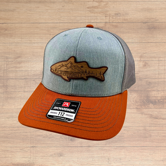 Trout Trucker Hat - Laser Engraved Wood on Leather Patch