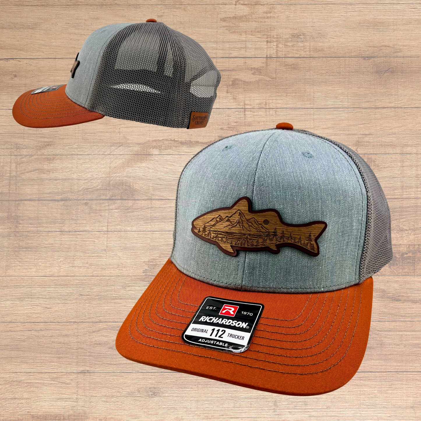 Trout Trucker Hat - Laser Engraved Wood on Leather Patch