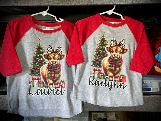 Custom Highland Cow Holiday ¾" Sleeve Toddler Raglan