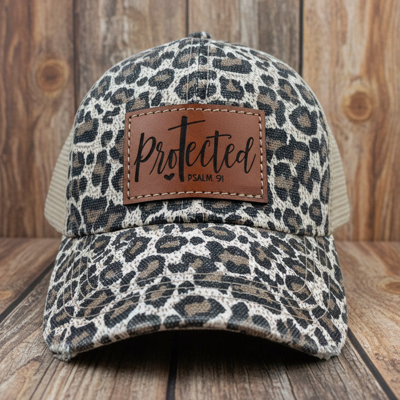 Protected-Psalm 91 (Criss Cross Leopard Ponytail Hat)