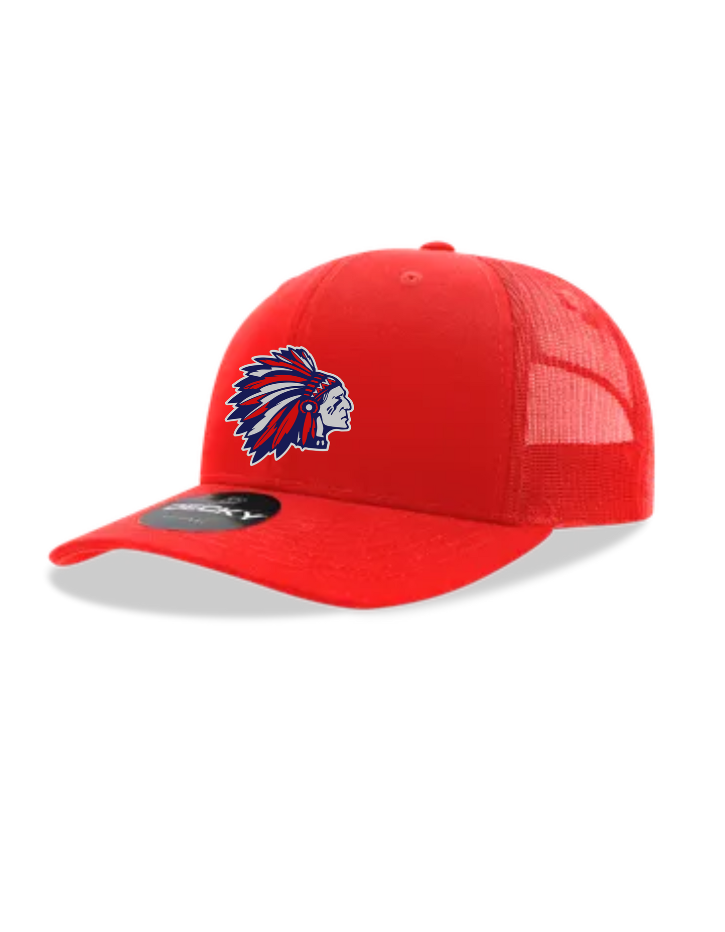 Decky YOUTH Solid Red Snapback Trucker with Full color Logo printed on leather patch (Tribe)